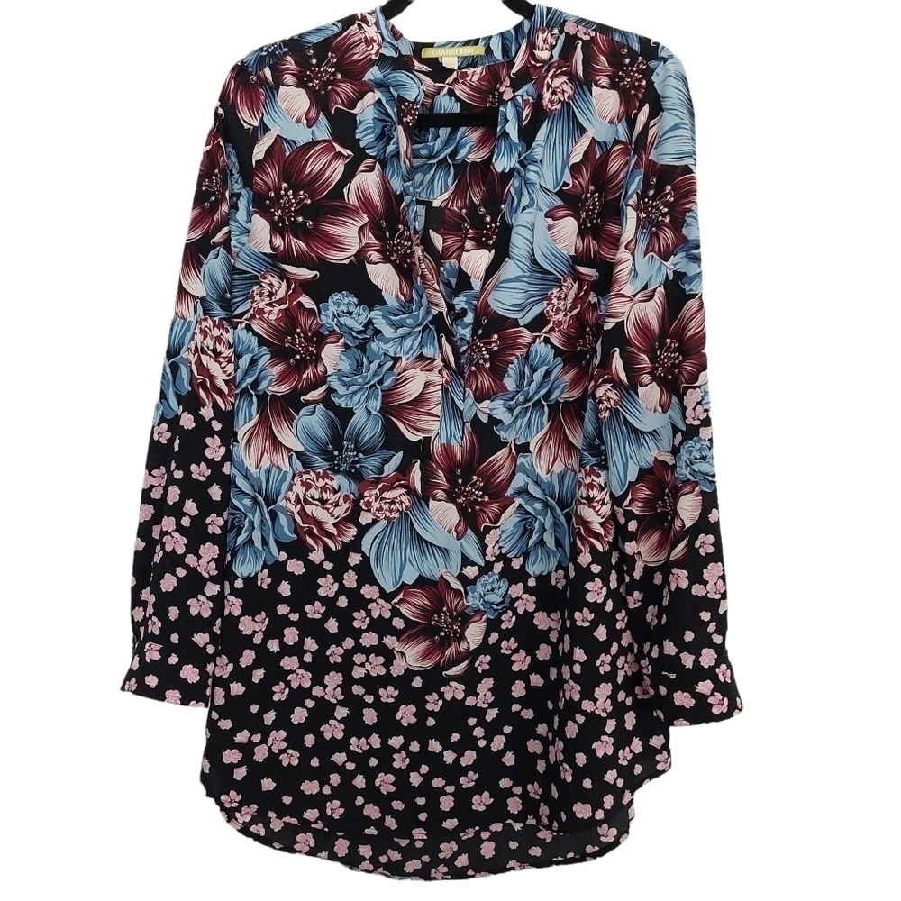 Gianni Bini Sz L Blouse‎ Top Black Floral Colorful Deep V Neck Tunic Art to Wear